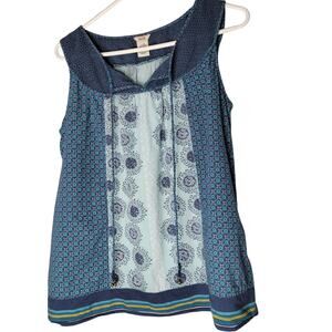 IZOD Boho‎ Crochet(Top) Patchwork Top Size L Tie Front Tassels Blue Flowy Artist